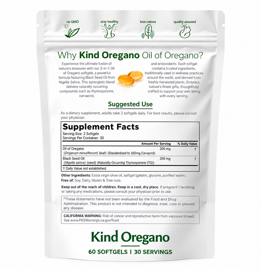 Kind Oregano supplement facts — 60 softgels, 30 servings